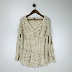 Free People Knit Cotton Pullover Sweater Women’s Medium Ivory Beige Raw Hem Edge